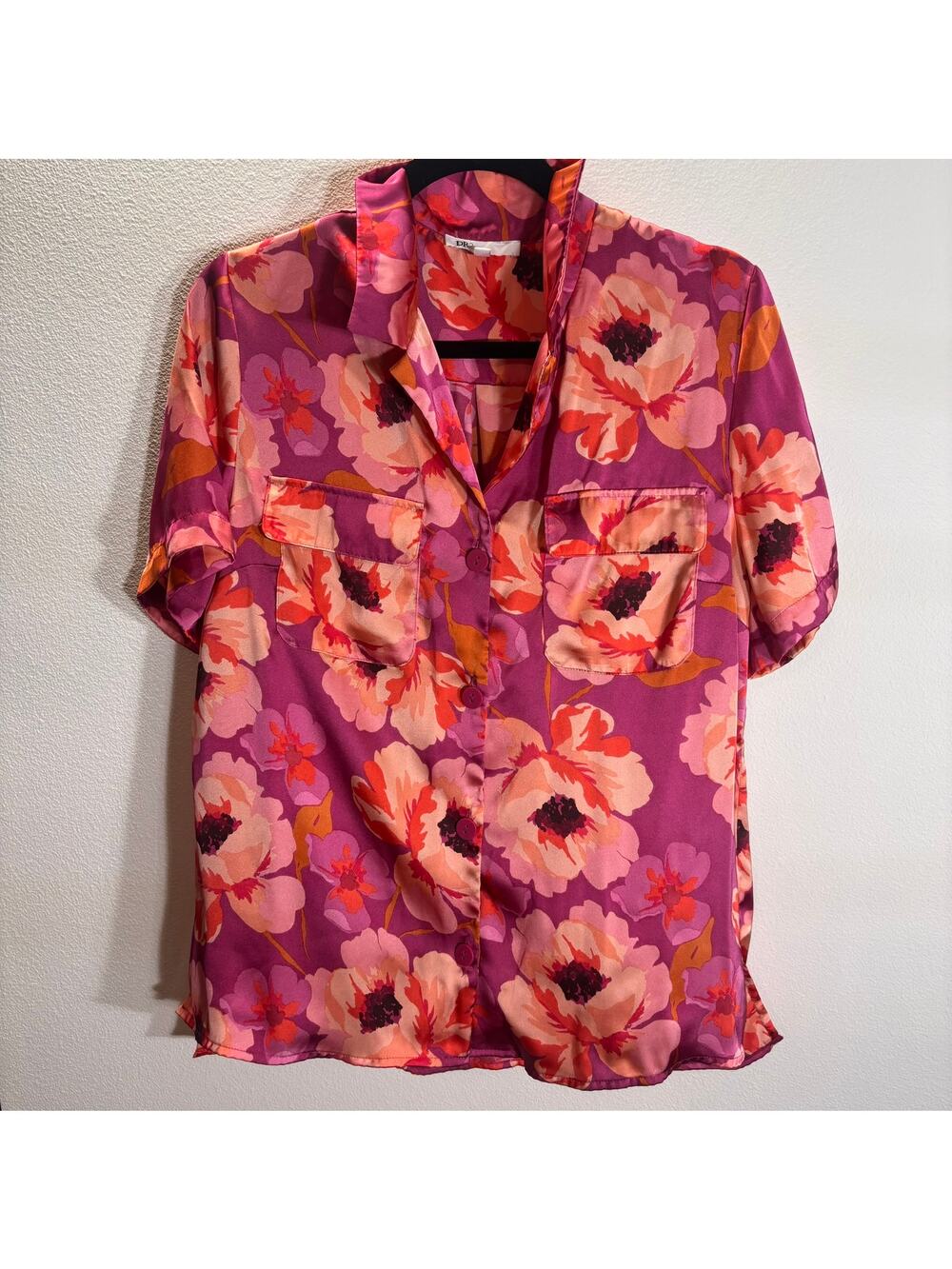 DR2 Womens Large Floral Satin Button Front Blouse Pink Purple Short Sleeve